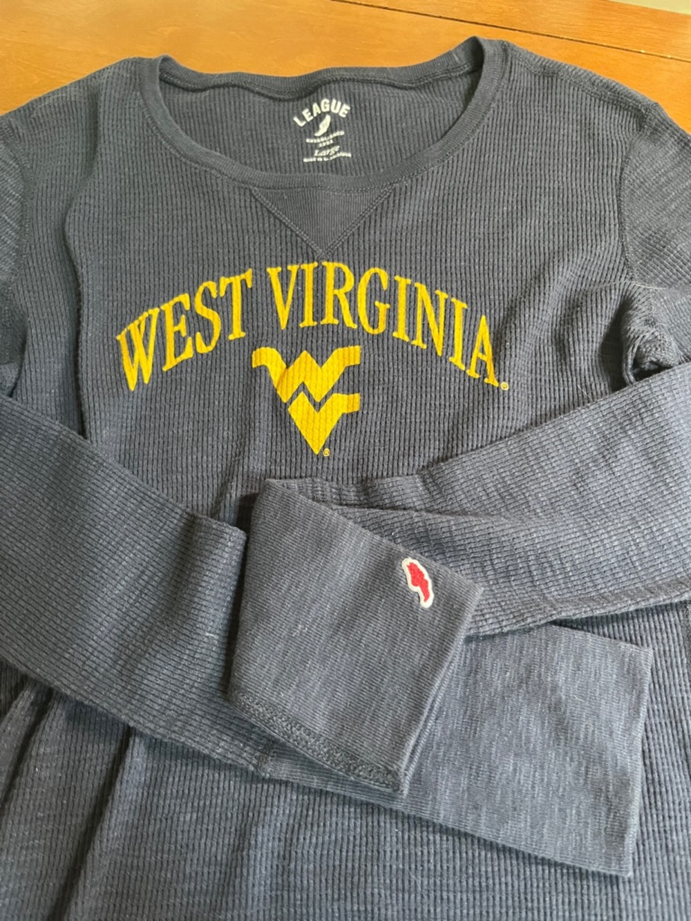 League Navy Waffle Knit Crewneck with Yellow West Virginia Logo